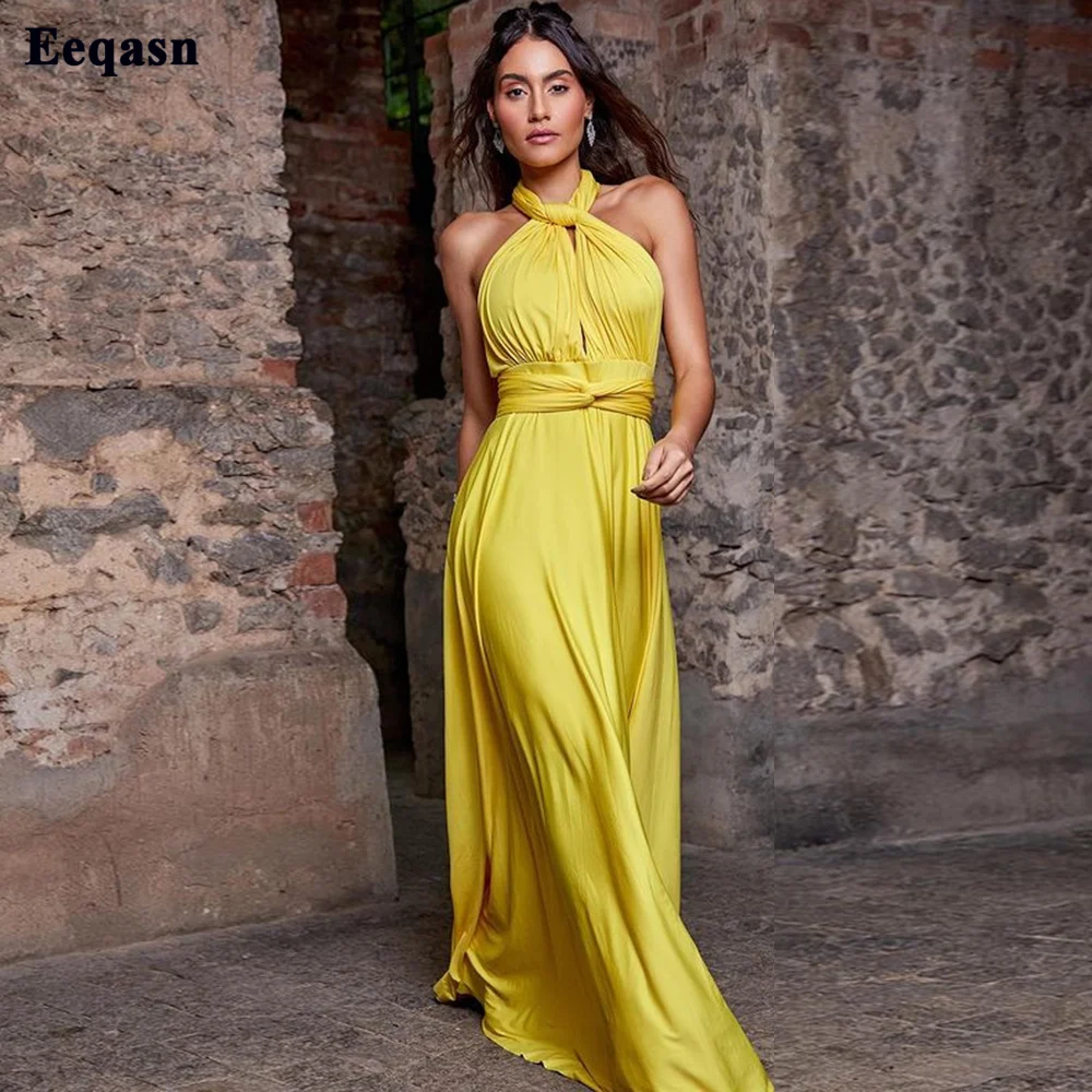 

Eeqasn Yellow Beach Satin Long Prom Dress Formal Special Occasion Dresses Halter Criss-Cross Pleats Evening Party Women Gowns