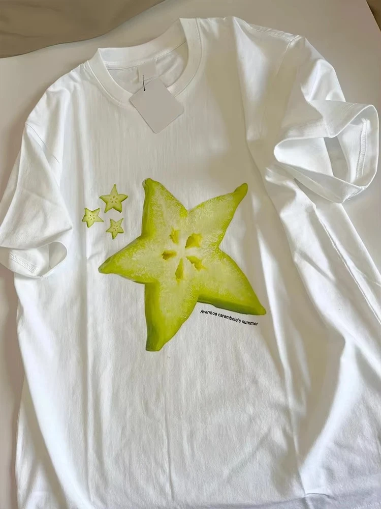 

Хлопковая футболка с короткими рукавами, женская футболка 2025, новый дизайн, свободный топ со звездами и фруктами, Harajuku, модный тренд, повседневный отдых