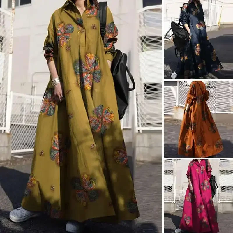 4 colori S-3XL Abito lungo stampato vintage Abito estivo autunnale da donna Camicia a maniche lunghe casual Abiti Abito con risvolto femminile