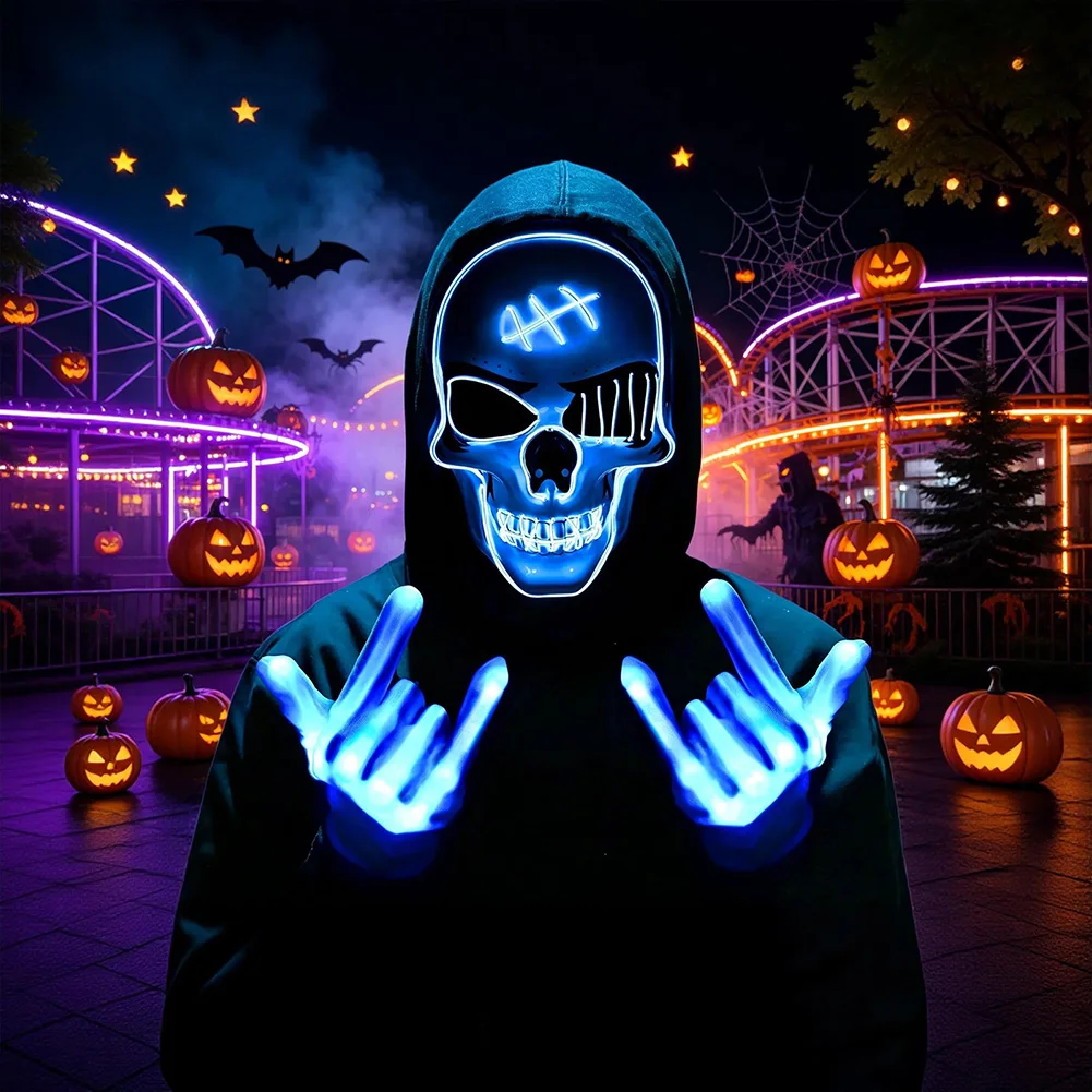 Halloween Horror Skull Mask Led Dark Glowing Cosplay Costume Props Scary Haunted House Atmosphere Scene Setup Halloween Themed