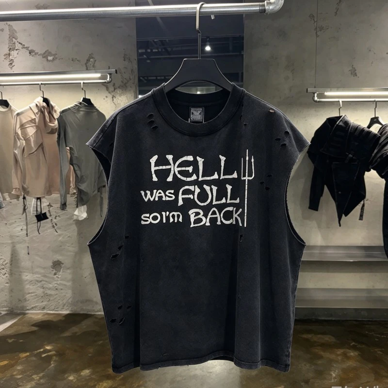 HELL WAS FULL SO I'M BACK Bandage Letter Print Tank Tops Saint Sleeveless Vintage Distressed Washed Worn Hole Vest Men Tshirts