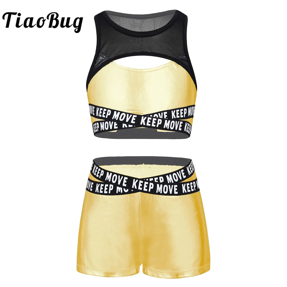 

Kids Girls Hip Hop Dance Clothing Set Metallic Glitter Jazz Dance Costumes Sleeveless Tank Crop Top With Shorts Dance Outfits