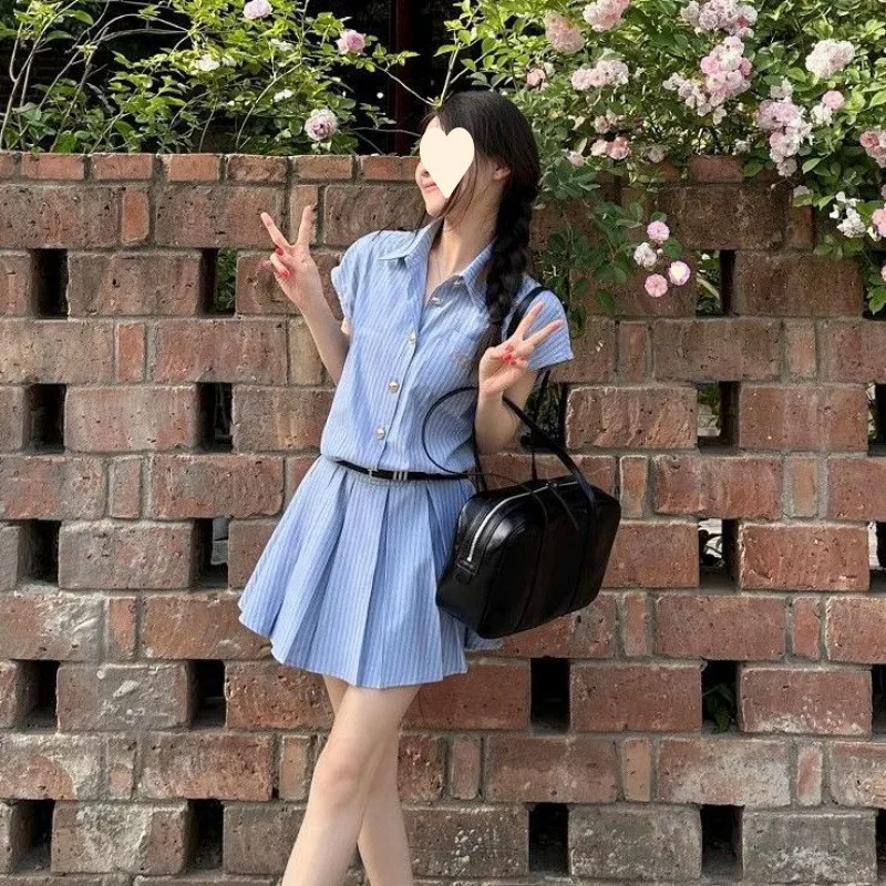 INS Summer Fashion Donna Polo sexy Mini abito camicia Abiti a maniche corte Camicia blu a righe Silm Coquette Abiti casual Y2k