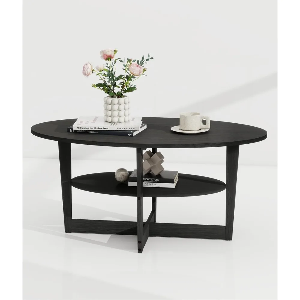 

Coffee Table for Living Room, 2-Tier Round Wood Center Table with Storage Shelf Modern Design Home Furniture for Apartment Black
