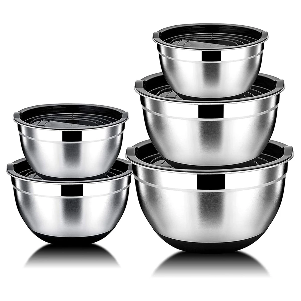 5 Pcs Mixing Bowl,Stainless Steel Salad Bowl with Airtight Lid&Non-Slip Base,Serving Bowl for Kitchen Cooking Baking,Etc