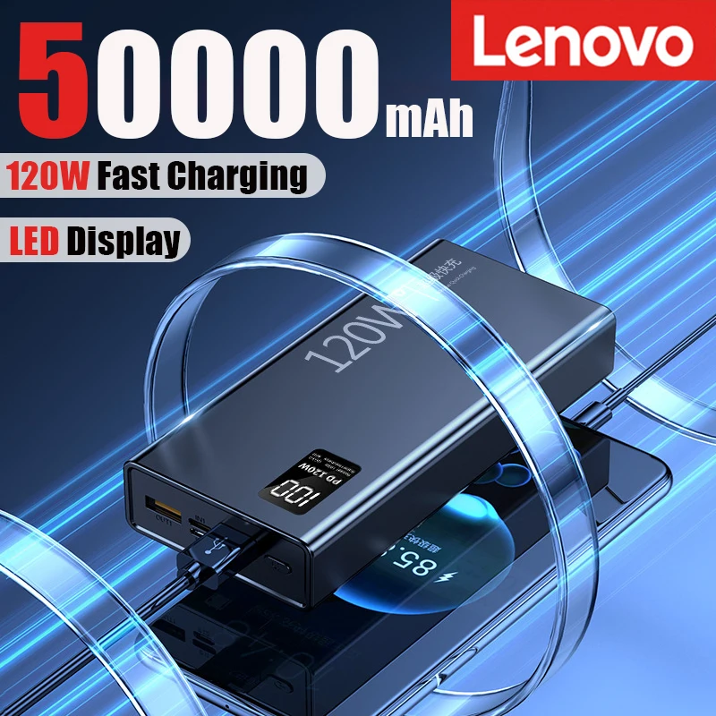 Lenovo 120W Fast Charging 50000mAh High Capacity Power Bank Digital Display Portable Battery Charger For iPhone  Samsung Huawei