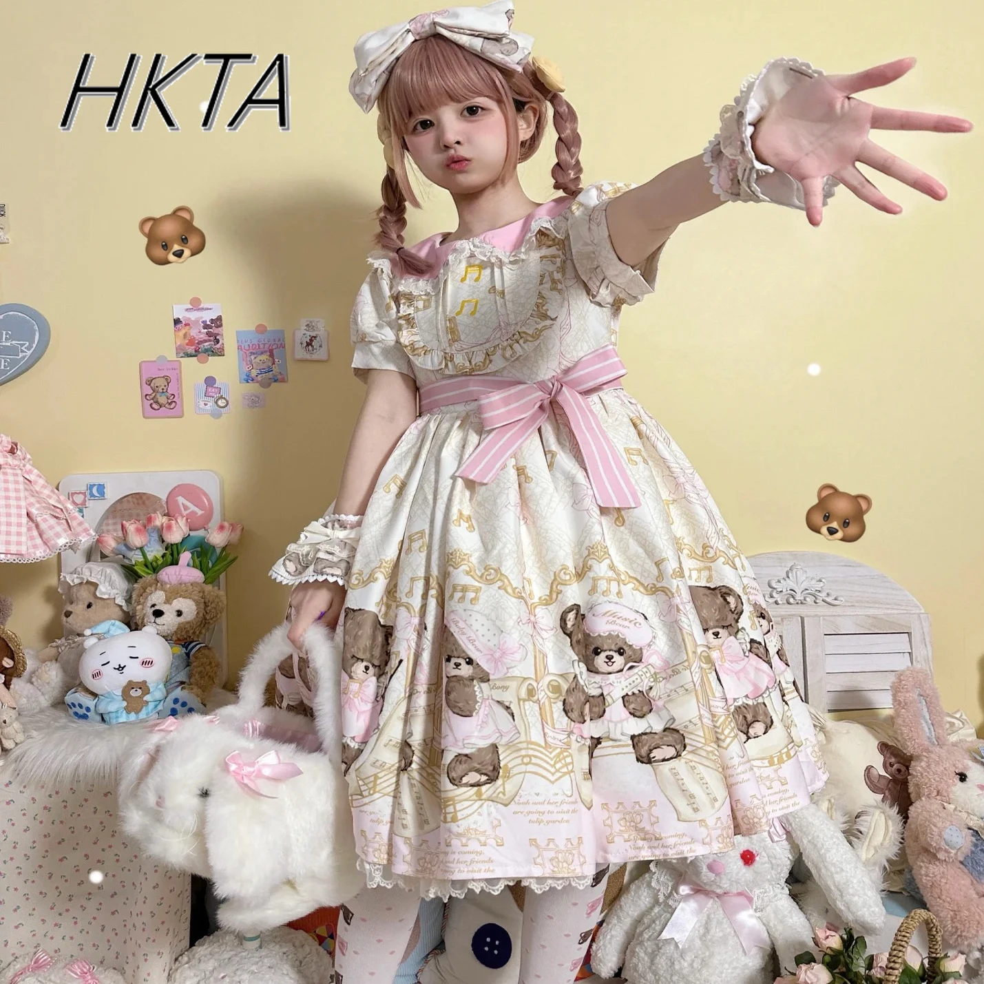 

Lolita Cartoon Print Lace Doll Collar Bubble Op Short Sleeve Dresses Female Cute and Sweet Summer Versatile Lolita Dress Women