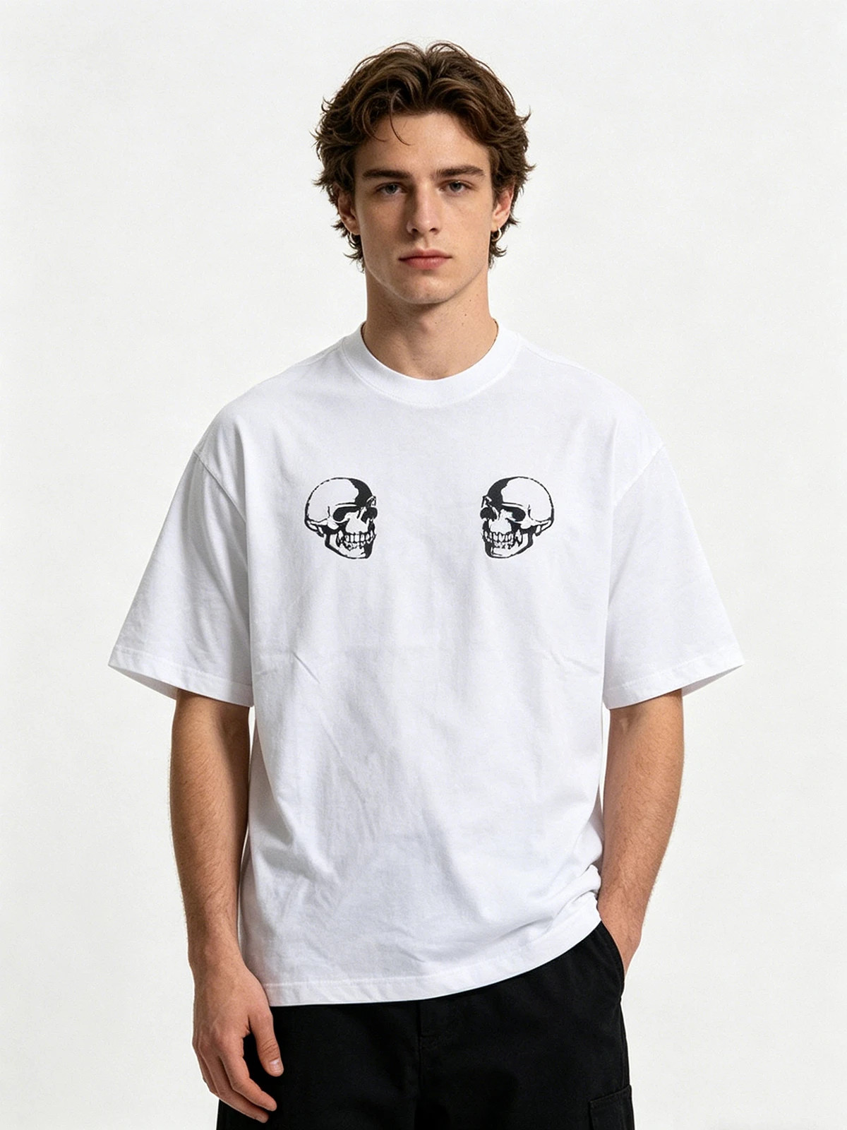Lmyer Number Nine Skeleton Double Headed Loose Casual Black and White Double Color Short Sleeve Couple Style T-Shirts