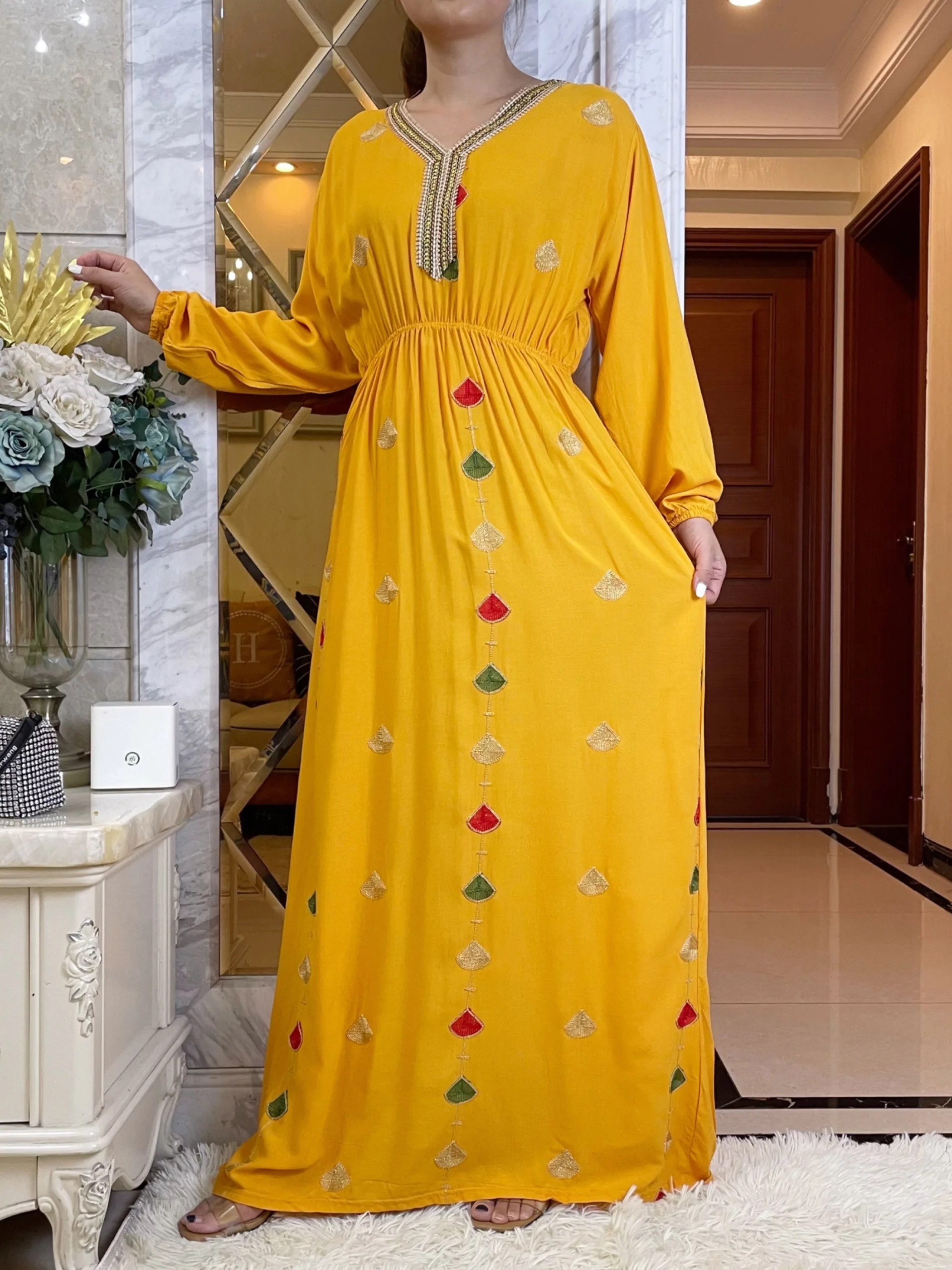 New African Summer African Long Sleeve Dresses Collect Waist Embroidery Floral Maxi Islam Women Cotton  Abaya With Big Scarf