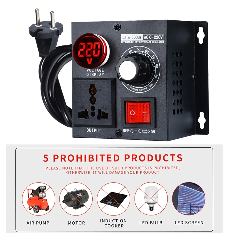 Stepless Voltage Regulator AC110/220V 5000W Compact Variable Voltage Controller Speed Temperature Light Voltage AdjuatableDimmer