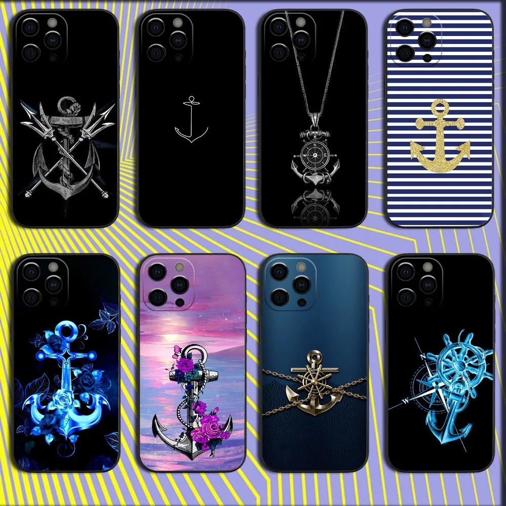 Anchor Compass Nautical Sailor Phone Case For iPhone 16,15,14,13,12,11,Pro,X,XS,Max,XR,Plus,Mini Soft Black Cover