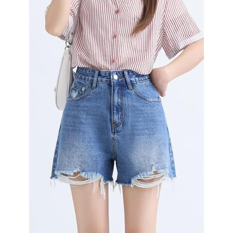 High Waist Ripped Fringe Denim Shorts Women Loose Wide Leg Three Point Hot Pants Summer