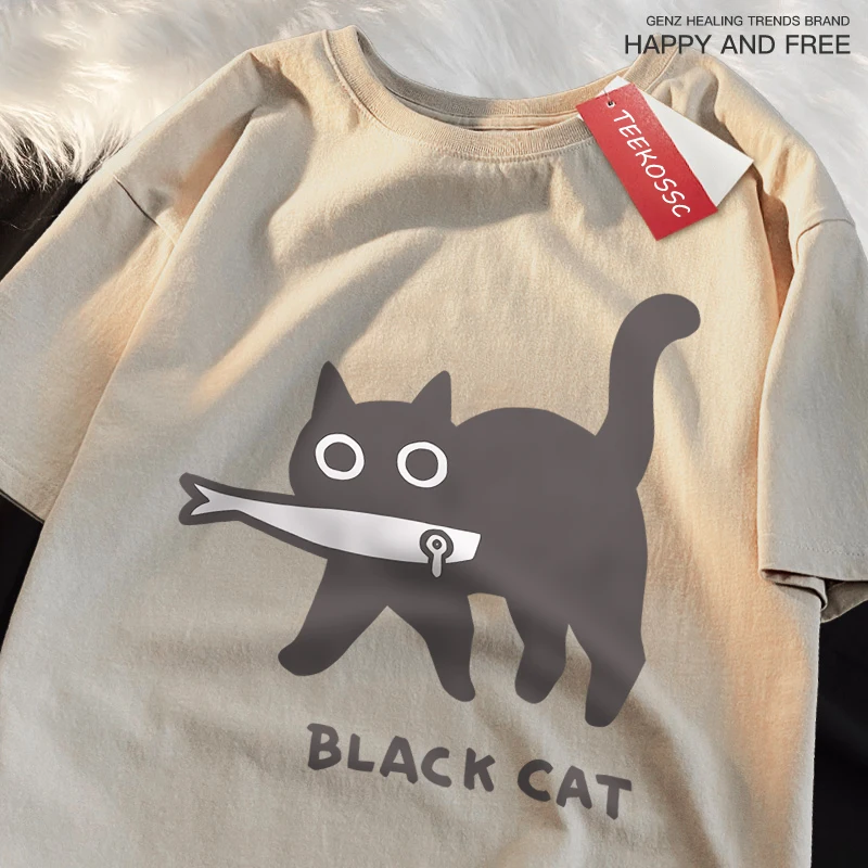 Fun black cat pattern men's fashionable printed breathable loose clothing T-shirt