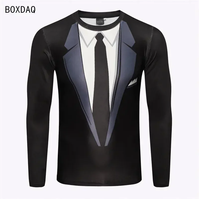 Men Fake Two-piece T-Shirts 3D Bow Tie Print Casual T Shirts Autumn Long Sleeve O-Neck Loose Cotton Tops Male Fake Suit Tshirt