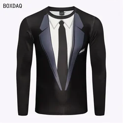 Men Fake Two-piece T-Shirts 3D Bow Tie Print Casual T Shirts Autumn Long Sleeve O-Neck Loose Cotton Tops Male Fake Suit Tshirt