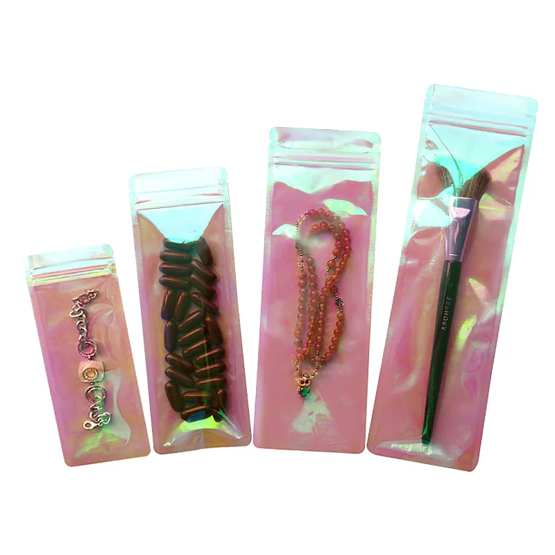 

100PCS Thick Laser Hologram Zipper Packaging Bag Resealable Women Mascara Cosmetic Pen Jewelry Data Cable Chains Storage Pouches