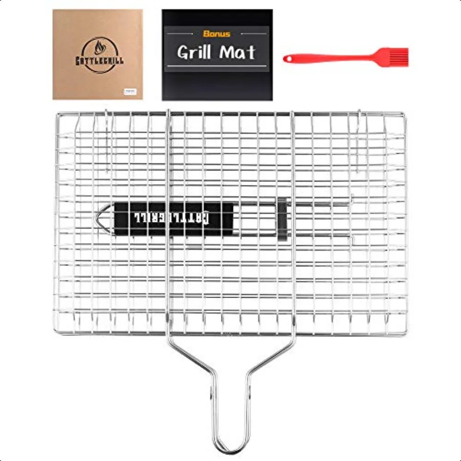 

Foldable BBQ Fish Grill Basket with 430 Stainl Steel Grill Set Includes: a Reusable Grill mat and a basting Brush.