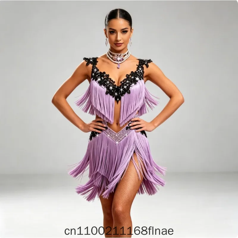 New Latin Dance Competition Flower Dress Purple Tassel Black Lace Flower Short Dance Dress Customized for Adults and Children
