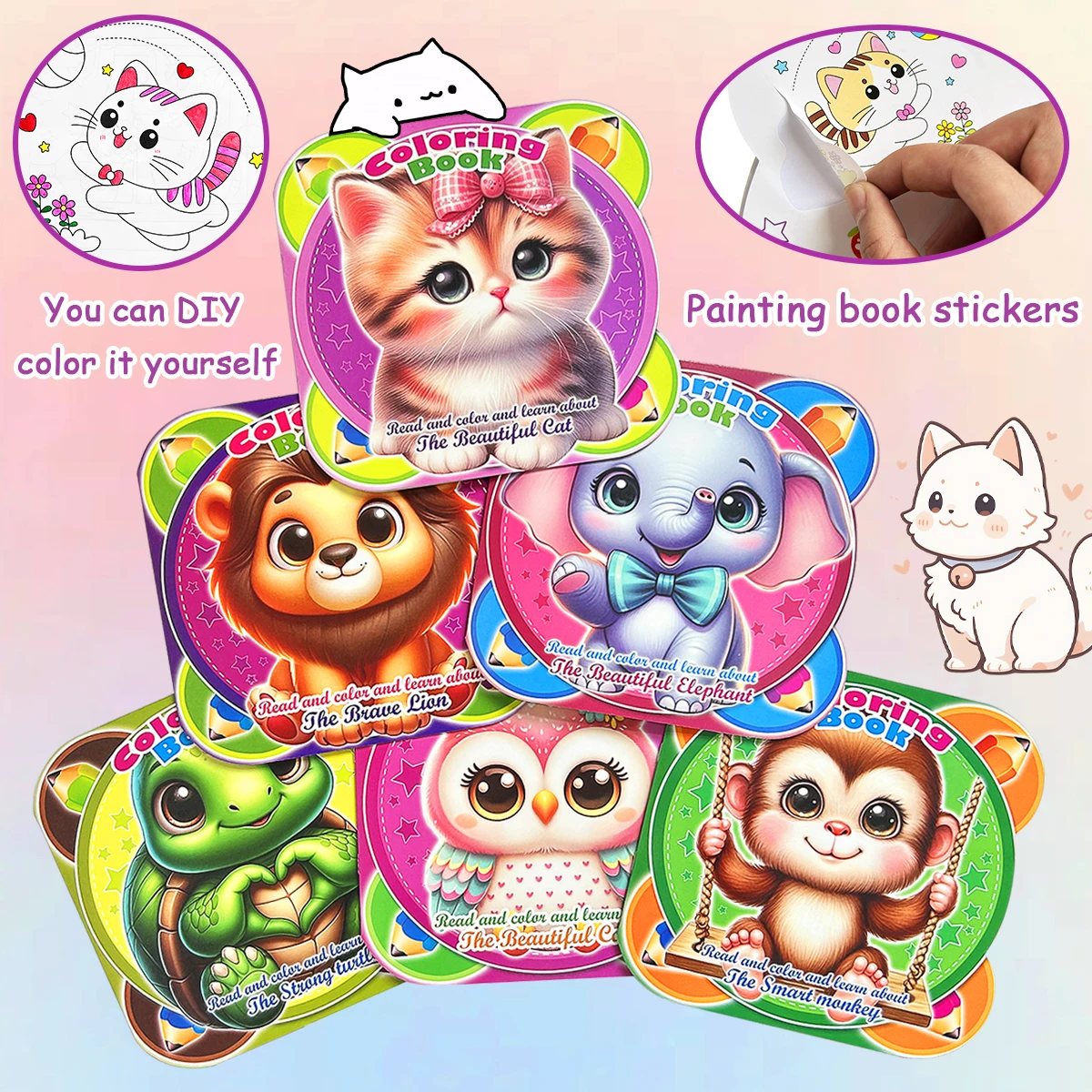  6 Books Animal Themed Coloring Book Sticker Set,Early Education Picture Book For 2-5 Years Old,Children's Birthday Gift