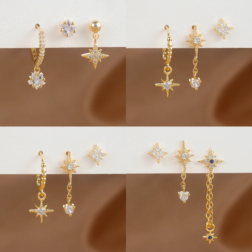 Juego de pendientes de estrella de Color dorado para mujer, aretes de aro de acero inoxidable con colgante de circón, joyería de boda de tendencia, 3 piezas