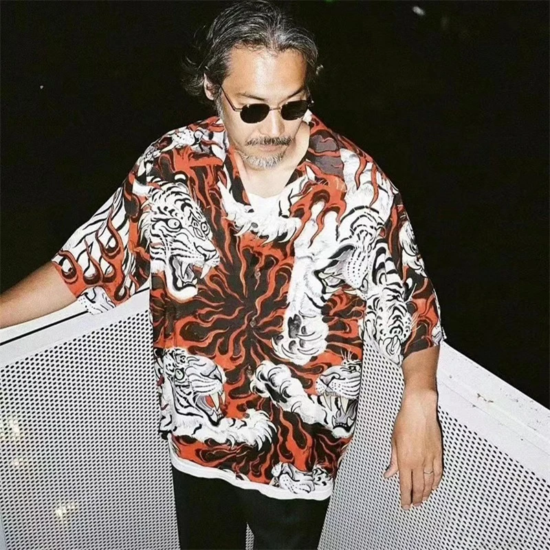 Pdmcms 23ss ティム レヒ フレイム タイガー フルプリント キューバンカラー レーヨン ハワイアン 半袖シャツ メンズ