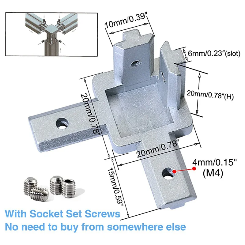 A008 24Pc 2020 Series 3 Way End Corner Bracket Connector For European Standard 6Mm T Slot 20X20mm Aluminum Extrusion Profile