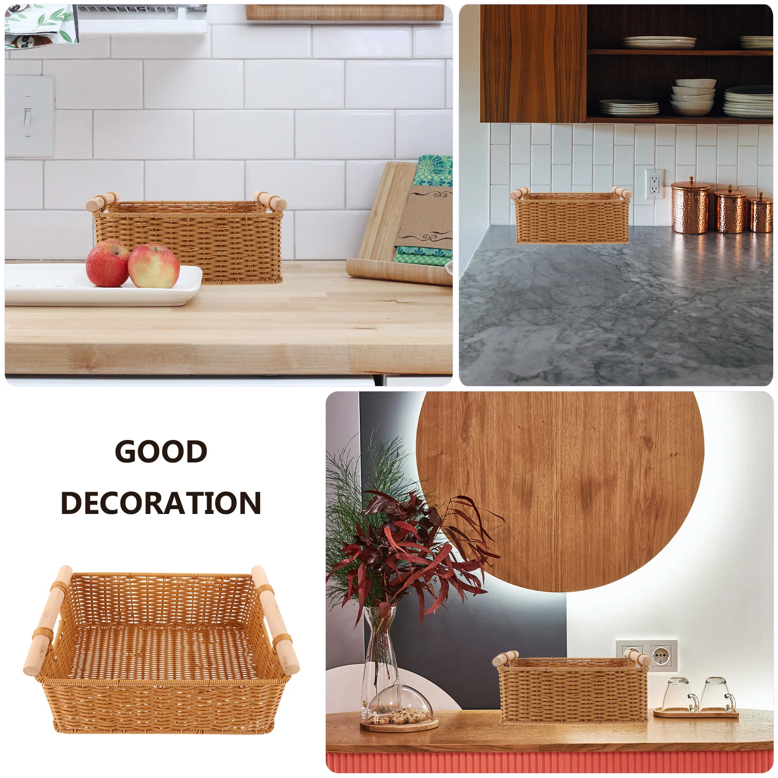 

1Pcs Portable Large Plastic Storage Basket Wooden Handle Imitation Rattan Knitting Storage Box for Home Office
