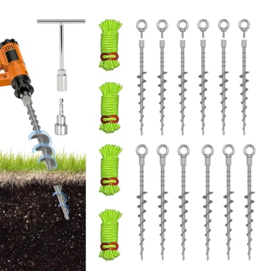 

12 Pack Ground Anchors Screw in Tent Stakes 12" Detachable Non-Rust Cast Aluminum Tent Pegs for Camping Tents Sand Trampoline S