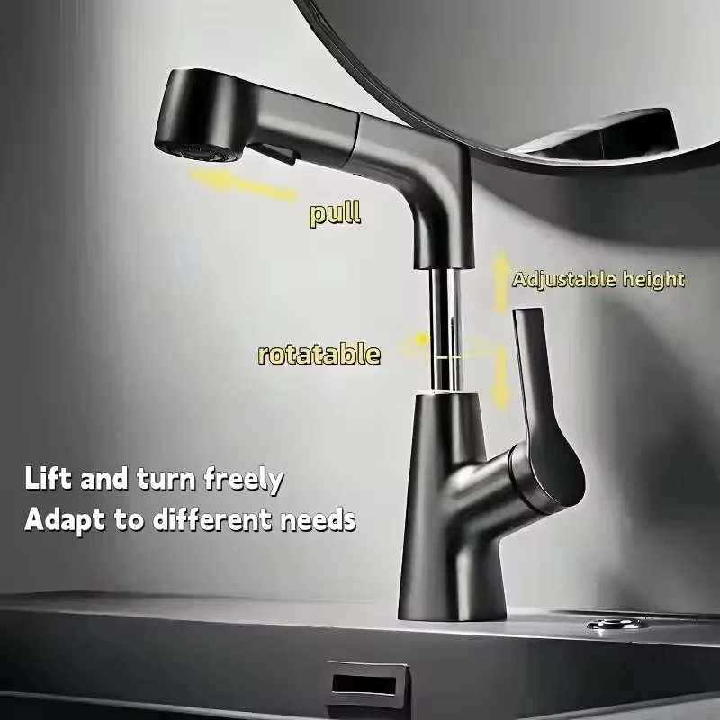 Pull Out Lift Kitchen Faucet 360° Rotatable Bathroom Basin Faucet Stainless Steel Kitchen Sink Faucet with Pull Out Sprayerfauce