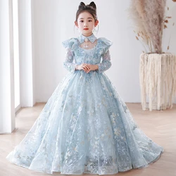 Light Blue Embroidered Dresses for Elegant Flower Girl Birthday Party Luxury Pageant Wedding Dress Kids Formal Long Evening Gown