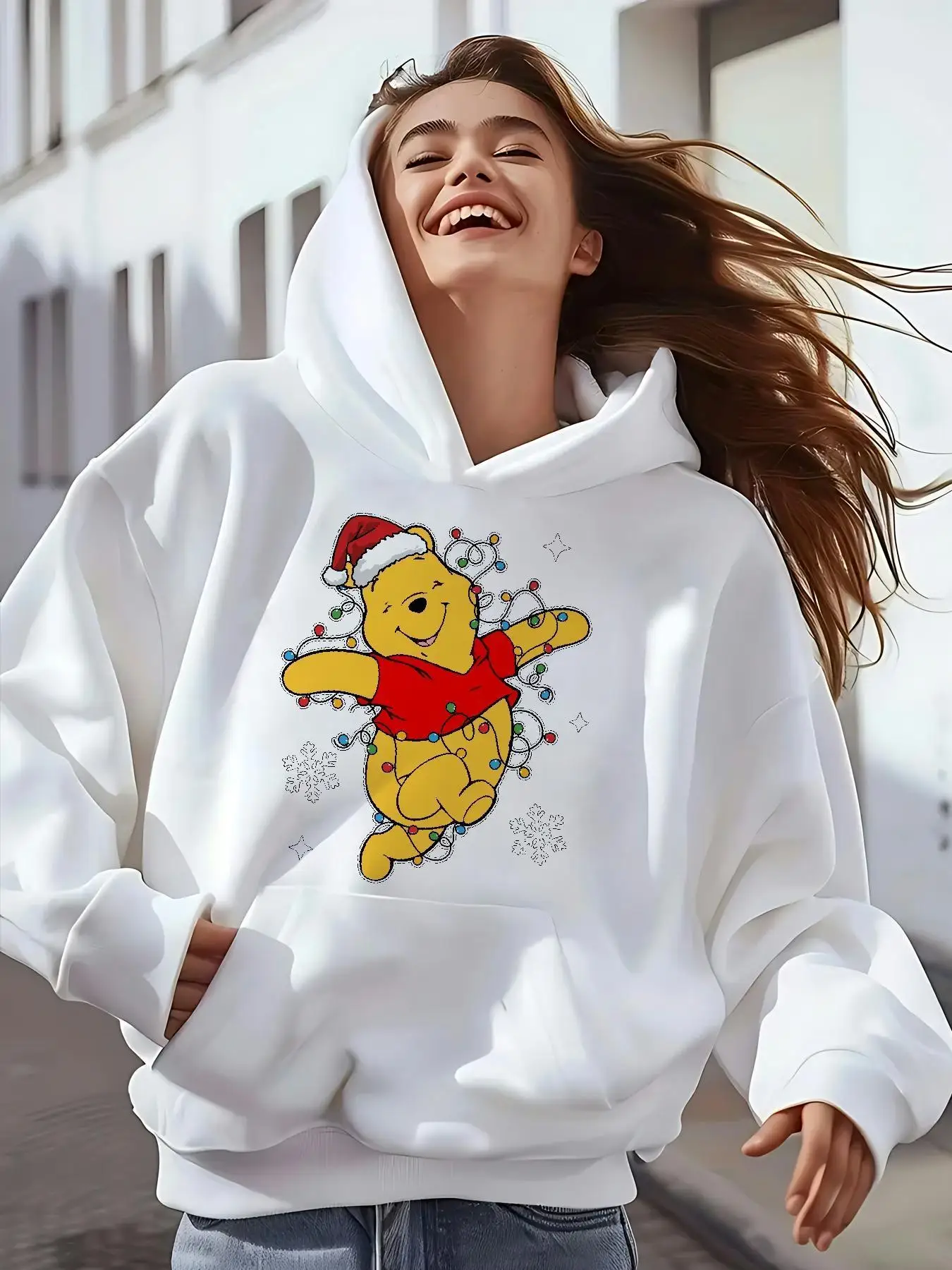 سويت شيرت نسائي من Disney Winnie The Pooh للخريف والشتاء بقلنسوة من الصوف للجنسين ملابس الشارع كبيرة الحجم فضفاضة غير رسمية للمناسبات