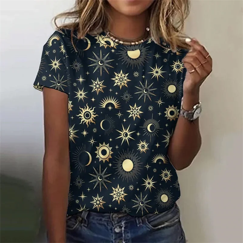 Grande taille décontracté t-shirt ample col rond hauts manches courtes 3D imprimé soleil étoiles lune t-shirt pour les femmes ciel étoilé t-shirts graphiques