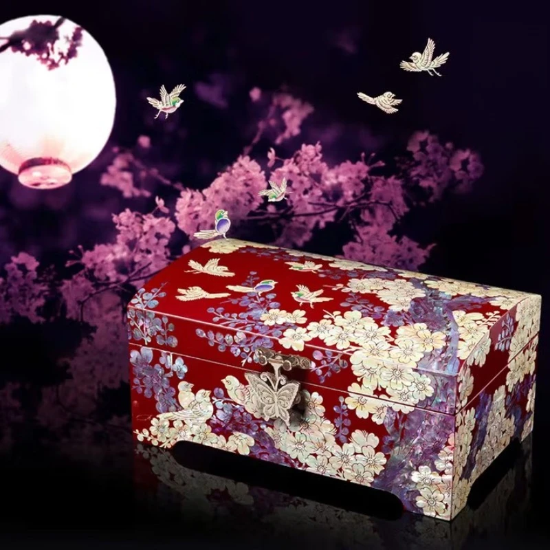 صندوق مجوهرات، ورنيش حلزون، صندوق تخزين مزدوج الطبقات من الخشب الصلب للمجوهرات