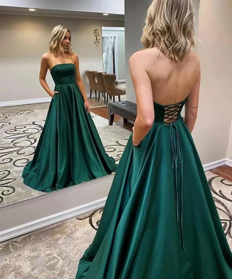 Long Satin Green Prom Dresses with Pockets Strapless Maxi Corset Back Formal Evening Homecoming Party Gowns