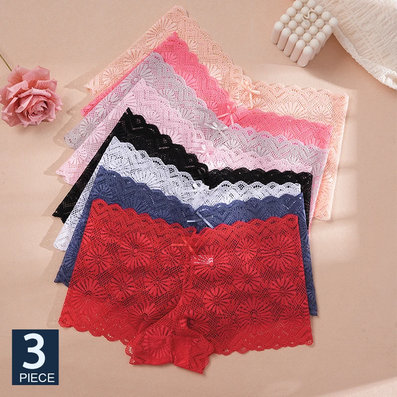 FINETOO 3 pièces femmes taille moyenne grande taille culottes dentelle maille florale slips transparents sous-vêtements solide sans couture caleçons Lingerie