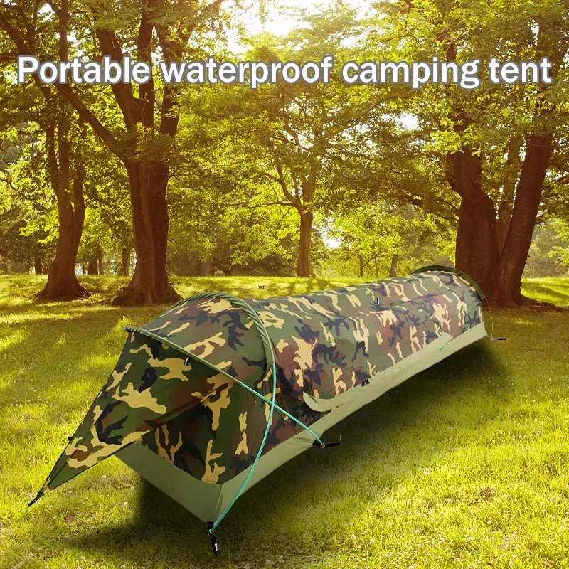 

Single Person Camouflage Tunnel Tent Outdoor Camping Portable Lightweight Rainproof Nylon Fabric Aluminum Pole Double Zipper