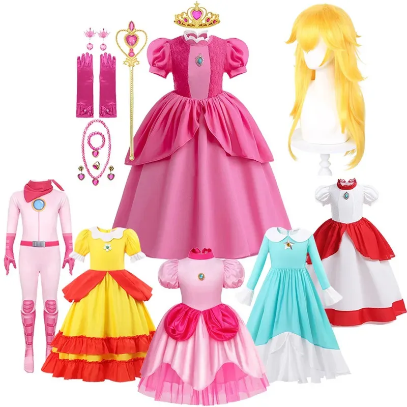 Disfraces de princesa Peach para niñas, disfraz de Halloween para niños, fiesta elegante, melocotón, Margarita, Rosalina, vestido de juego de rol, ropa para 2-10 años