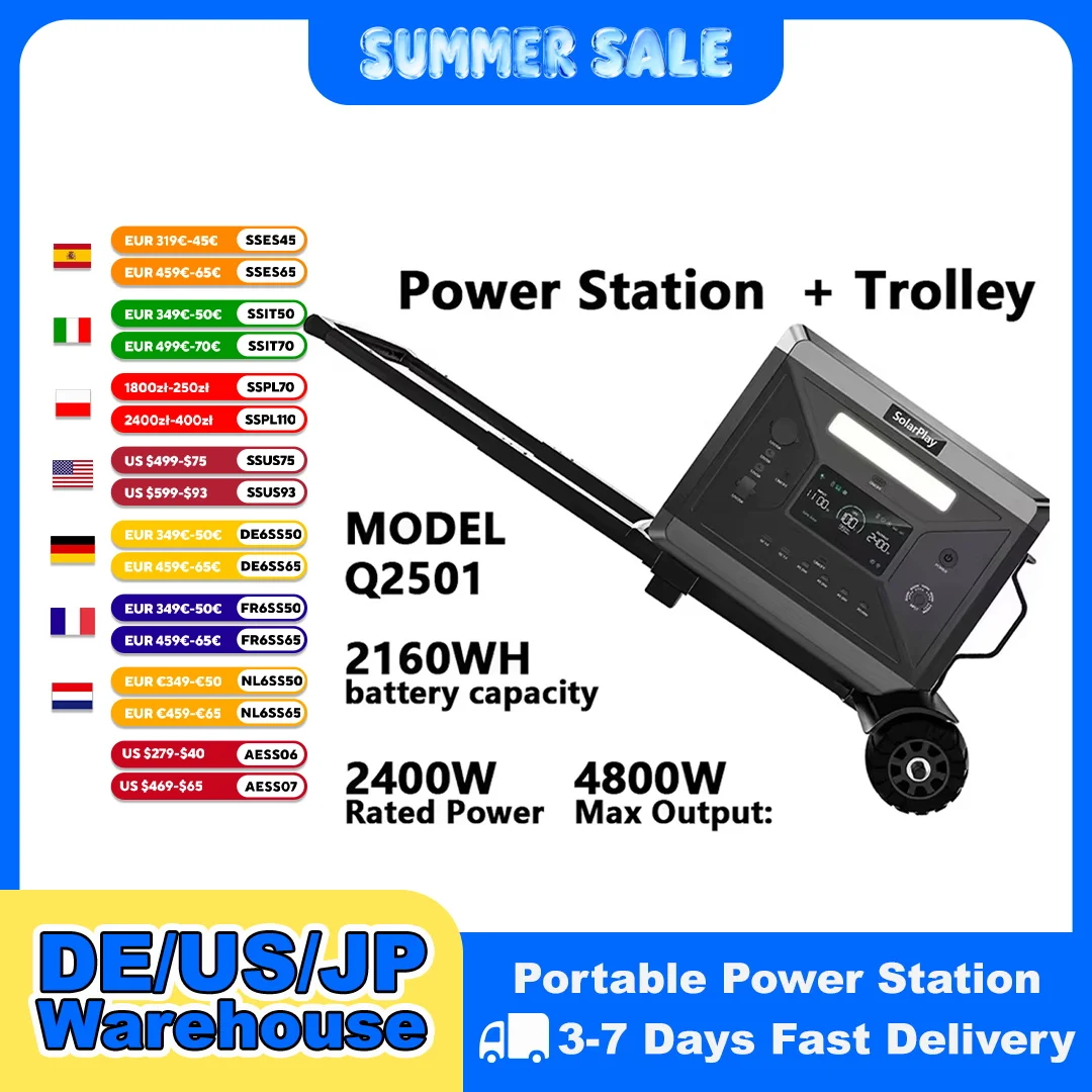 SOLARPLAY 2400W Power Station with Trolley Convenient Solar Generator UPS Function LiFePO4 Battery for Emergency Home Backup