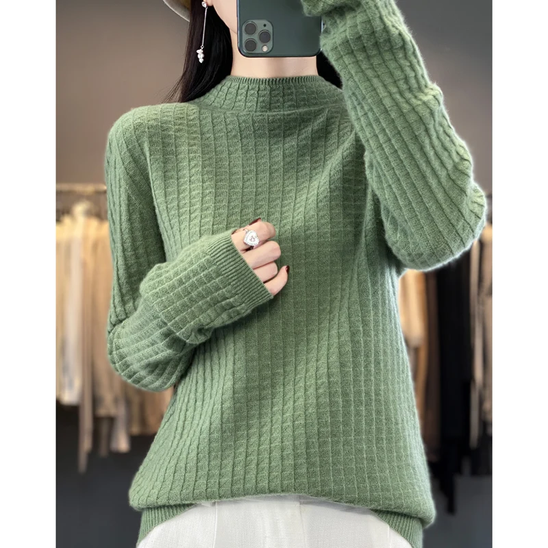 Pure Wool Knitted Sweater for Women Autumn and Winter Fashion New Waffle Pattern Women\'s Clothing Pullover Soft Warm Loose Top