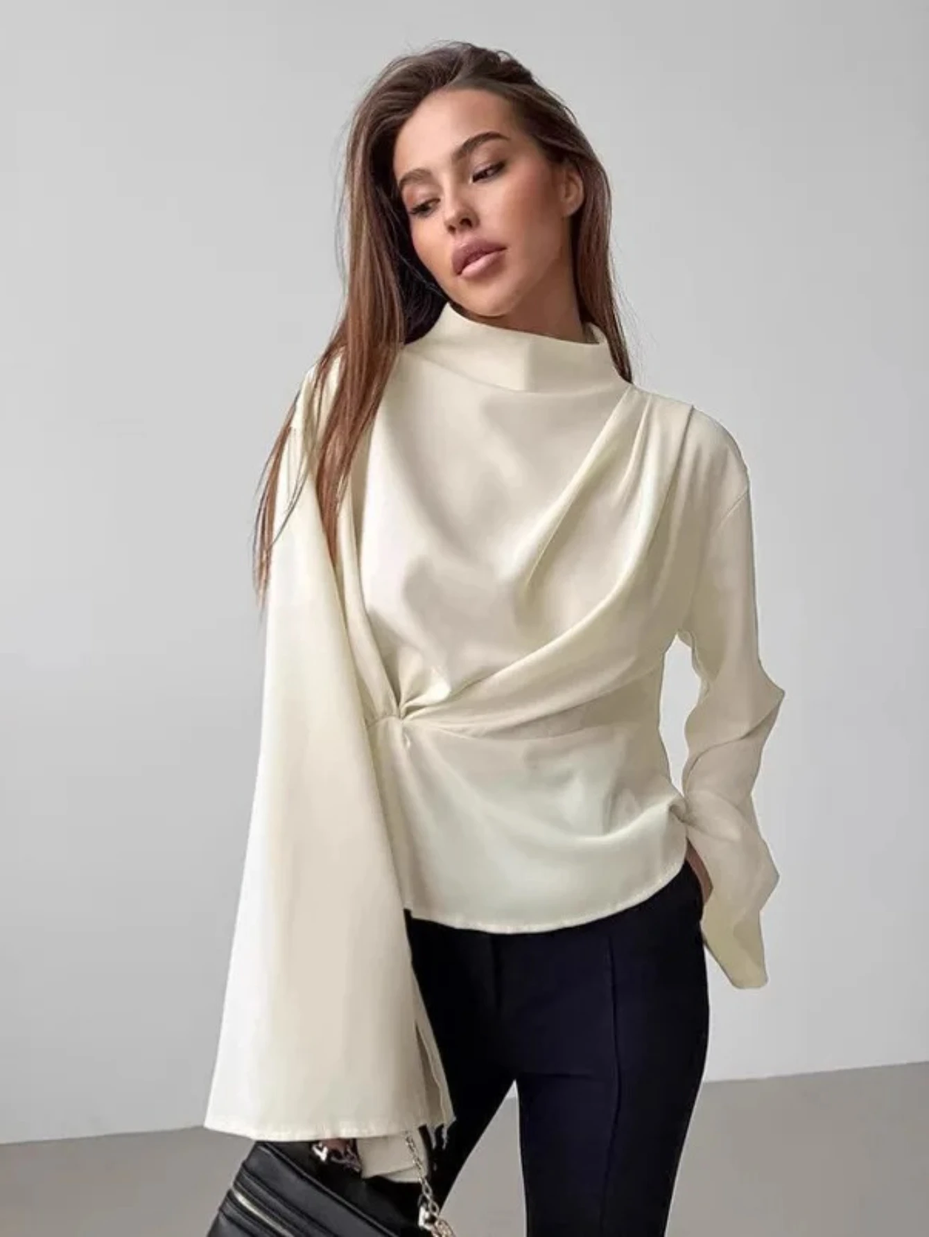

Collar Blouse Elegant Commute StyleFrench Style Chiffon Bell Sleeve Shirt Women's Autumn Fashion Beige Waist-Cinching Stand