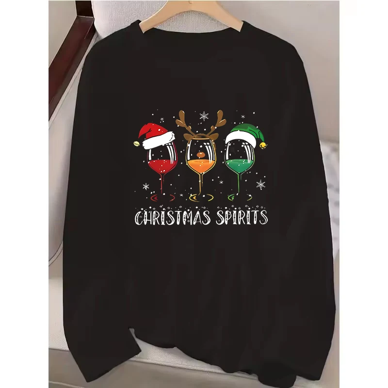 Graphic Black Long Sleeve T Shirt with Red and Green Holiday Lettering Santa Hat Print Women's Vintage Christmas T-Shirt Clothes