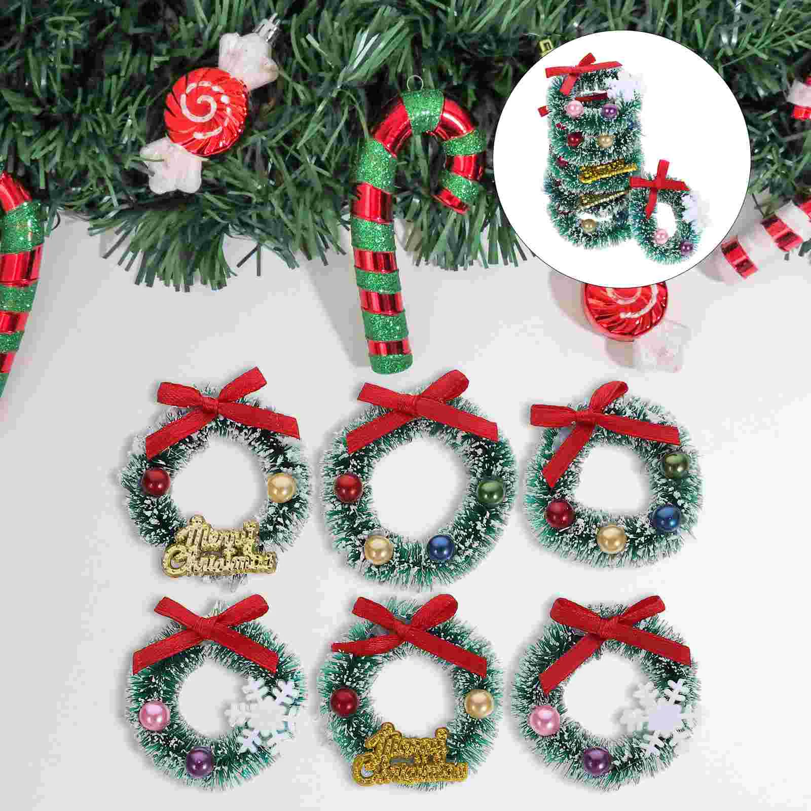 

6 Pcs Christmas House Micro Landscape Decoration Ornaments Garland Tree Wreaths Mini Miniature Sisal Silk