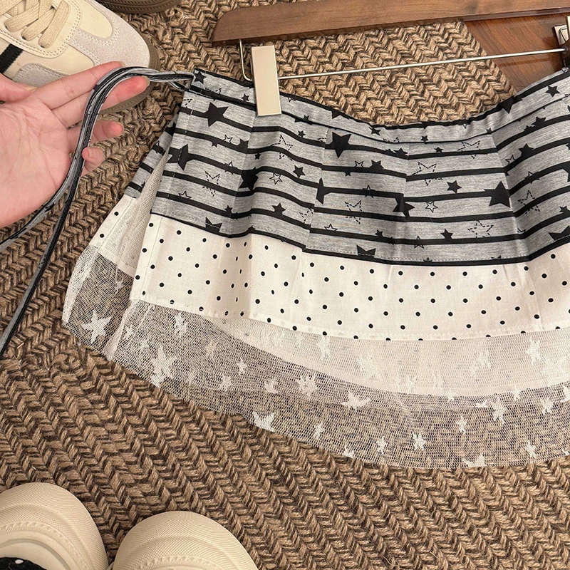 Y2K Subculture Mini Skirt Women Kawaii Striped Star Print Lace Patchwork Skirts Bandage Streetwear Layered Butt Curtains Skirt