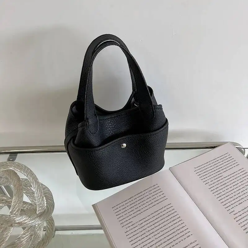 Korean Solid Color Handbag Women Minimalist Soft Leather Pebbled Texture Bucket Shoulder Ladies Casual Commute Crossbody Bag