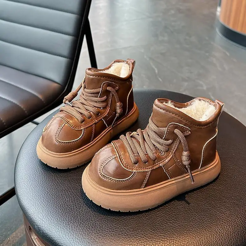 

Girl Leather Shoes Winter Thicken Cotton Shoes Ankle Boots Outerwear Keep Warm Kids Student Child Kawaii Fashion New Casual Shoe