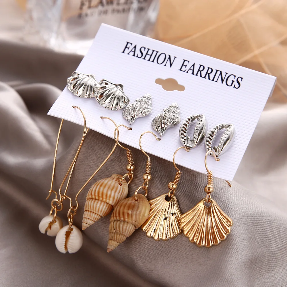 Conch Earrings Set 6 Pairs Starfish Shell Beach Boho Dangle Earrings for Women Summer Holiday