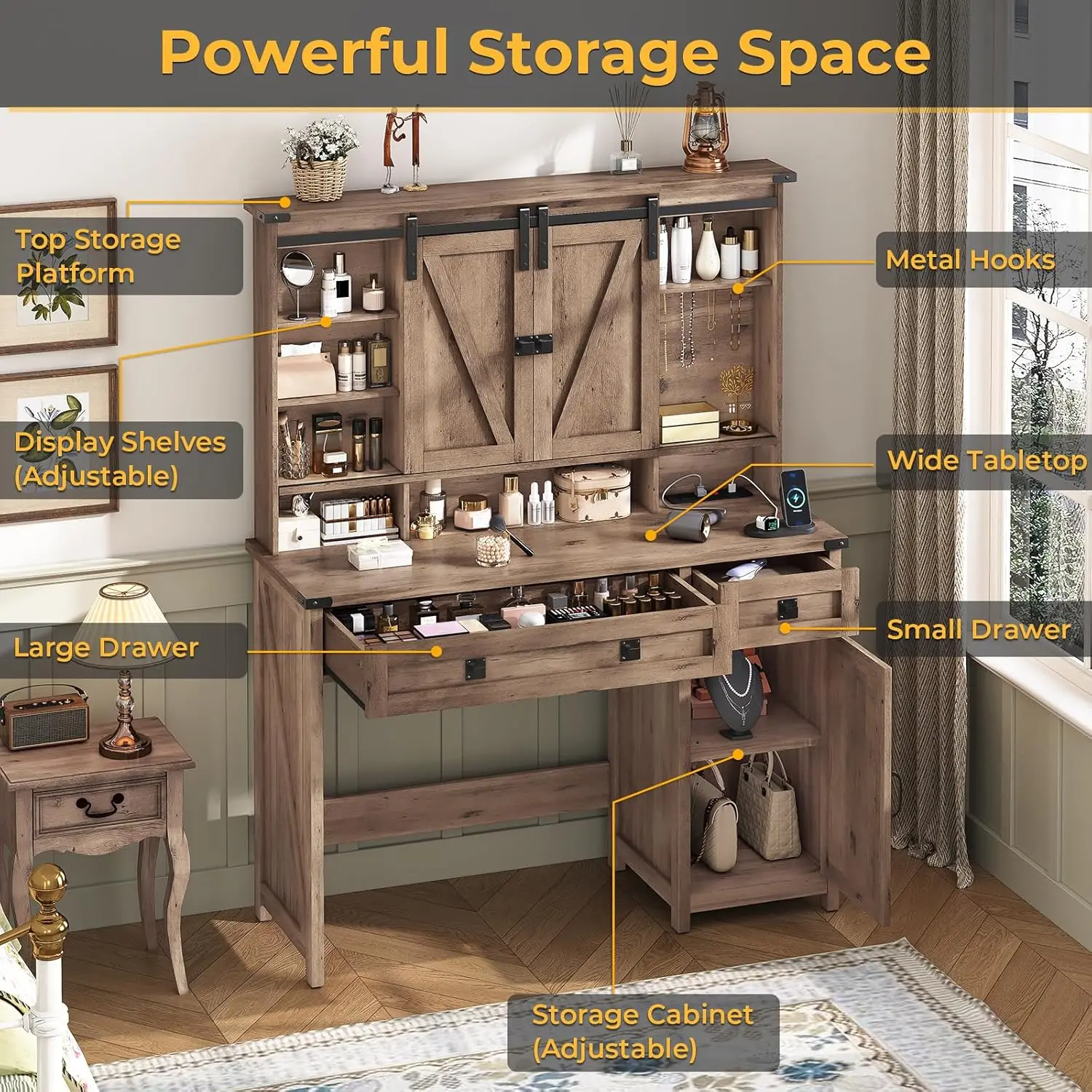 Farmhouse Bedroom Vanity Desk in Rustic Oak, with Sliding Door, Charging Station and Ample Storage view 5