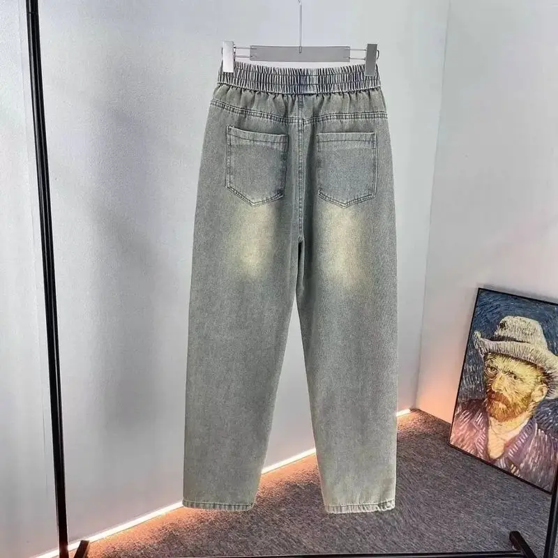 Retro viejo amarillo barro cordón cintura elástica Jeans Cowboys High Street Casual Simple versátil cordón Pantalones rectos