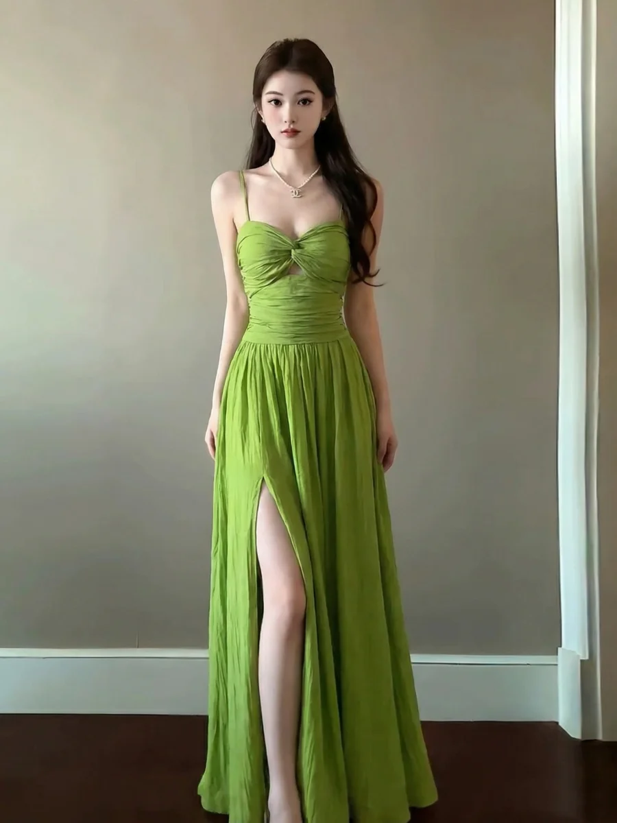 

Elegant Green Hollow out Strap Dress Women's A-Line Skirt Slimming Waist Cinched Summer Vacation Style Fashion Dress
