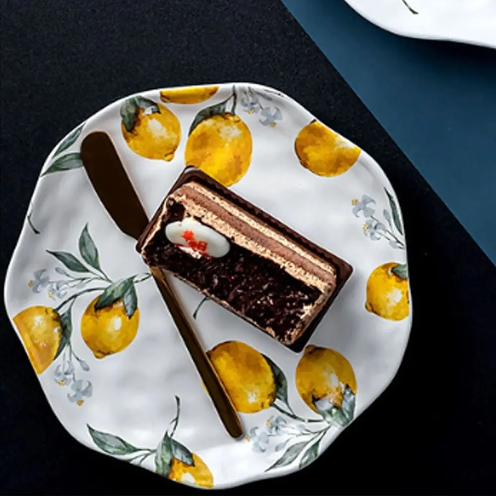 

Керамическая обеденная тарелка с креативным лимонным узором, штабелируемая тарелка для стейка в скандинавском стиле, поднос для суши неправильной формы, противень для выпечки